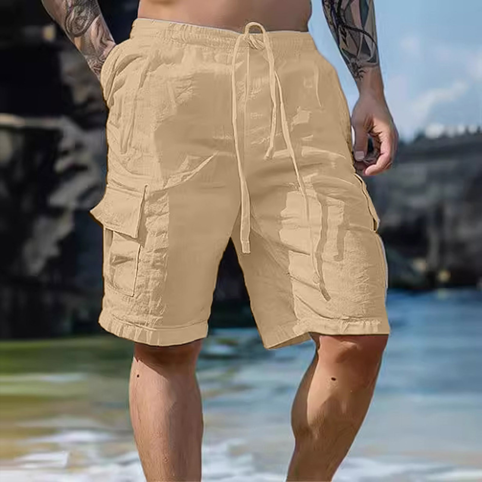 thumbnail image 2 of Pantalones cortos de playa de verano para hombre: color liso, corte holgado, tallas grandes, poliéster, bolsillos con cremallera, lavado en agua fría., 2 of 8